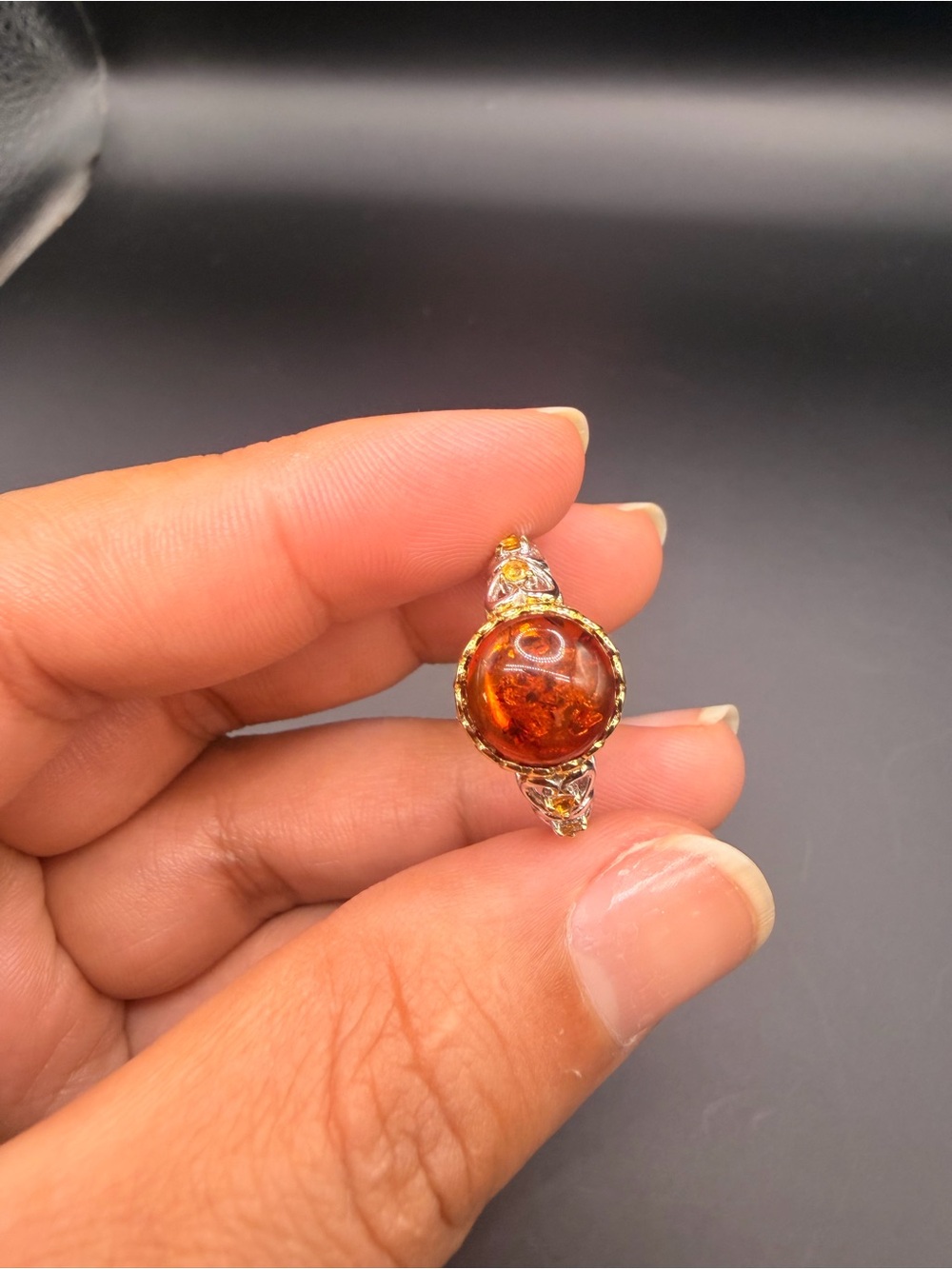 925 Sterling Silver Amber & Citrine Ring Size 9.